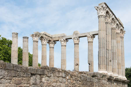 View of roman temple at Evora, Portugal from below. No people, Blue sky. Europeの写真素材