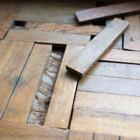 Old classic wooden floor to renovate. Old apartment in Madrid, Spain, Europeの写真素材