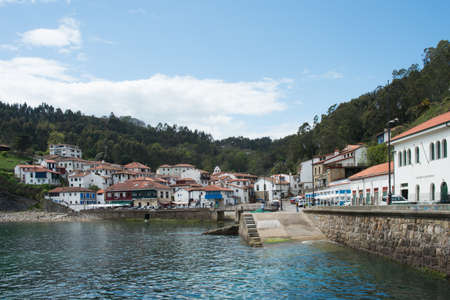 Beautiful view of Tazones in a sunny day. Picturesque fishing village, Asturias. Spainの写真素材