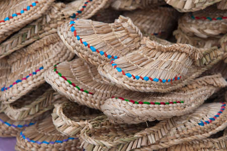 Pile of traditional russian straw shoes. Ekaterinburg, Russiaの写真素材