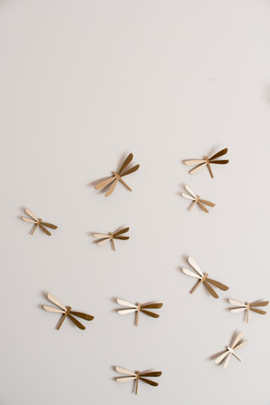 Flock of golden dragonflies on a wall. Home decorの写真素材