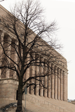 Helsinki Parliament house behind a tree with no leaves. Finlandの写真素材