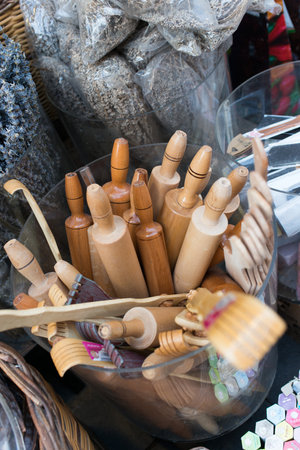 Traditional wooden rolling pins to sell in a market. Istanbul, Turkeyの写真素材