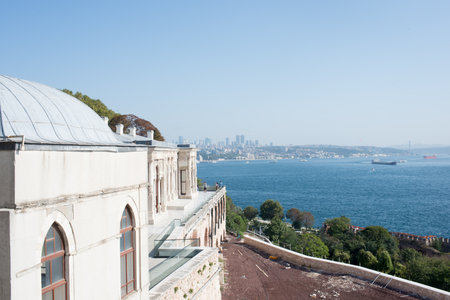 Aerial view of Istanbul from a terrace at Topkapi palace. TopkapÄ± is a large museum and library in the east of the Fatih district of Istanbul in Turkey. It served as the administrative center of the Ottoman Empire, and was the main residence of its sultans.の写真素材
