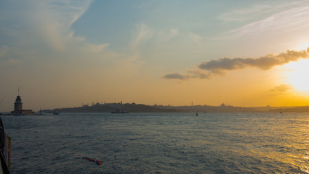 One of the iconic symbols of Istanbul, the Maidenâs Tower sits on a tiny islet in the Bosphorus near ÃskÃ¼dar. Built as a watchtower and later used as a quarantine station, it has a rich history stretching back to Byzantine times.の写真素材