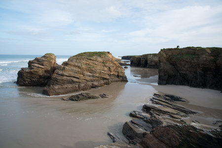 Beautiful aerial view of Las Catedrales beach, Lugo, Galicia, Spain.の写真素材