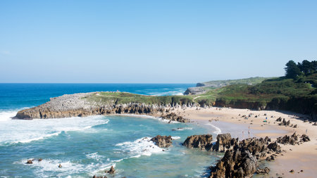 Beautiful aerial view of Toro beach, in Llanes, Asturias. It is a protected beach to preserve its environmentの写真素材