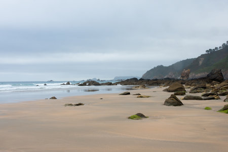 Beautiful view of Quebrantos beach, San Juan de la Arena, Asturias, Spain. Cloudy day, no peopleの写真素材