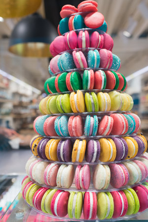 Colorful background. Beautiful macaroon or macaron tower. No peopleの写真素材