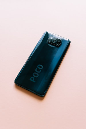 Almeria, Spain; 26 January 2021: Close-up of the camera on the black Xiaomi Poco X3 NFC smartphone from the Chinese company's product.のeditorial素材