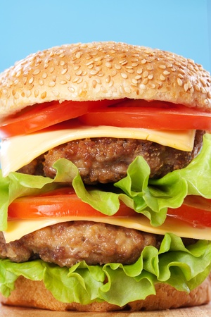 Double cheeseburger with tomatoes and lettuce on blue backgroundの写真素材
