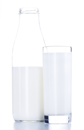 Glass of milk and bottle on white background の写真素材