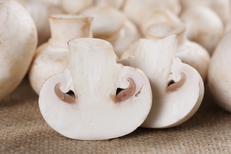Fresh mushrooms champignon on burlapの写真素材