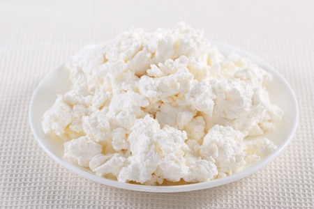 Fresh cottage cheese on the white plateの写真素材