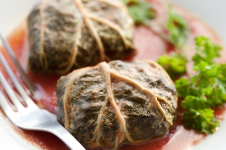 Rustic food, armenian or greek dolmades wrapped with rhubarb leaves, meat and riceの写真素材