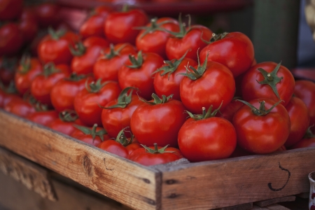 Ripe tomatoes at a farmer's marketの写真素材