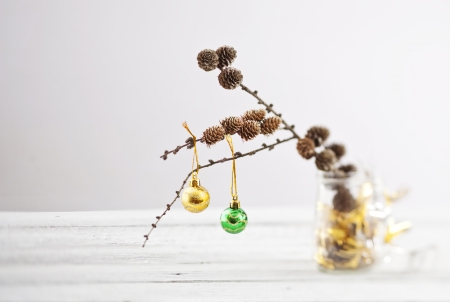 Christmas baubles and handmade decorations on white の写真素材