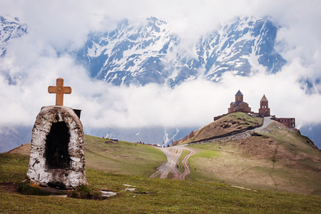 Tsminda Sameba or Holy Trinity Church near the Kazbegi and Gergeti village, Georgia の写真素材