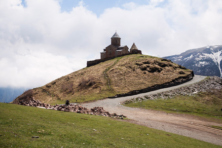 Tsminda Sameba or Holy Trinity Church near the Kazbegi and Gergeti village, Georgia 
