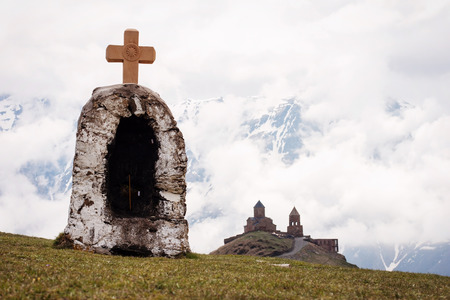 Tsminda Sameba or Holy Trinity Church near the Kazbegi and Gergeti village, Georgia の写真素材