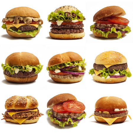 Set of various tasty burgers isolated on white backgroundの写真素材