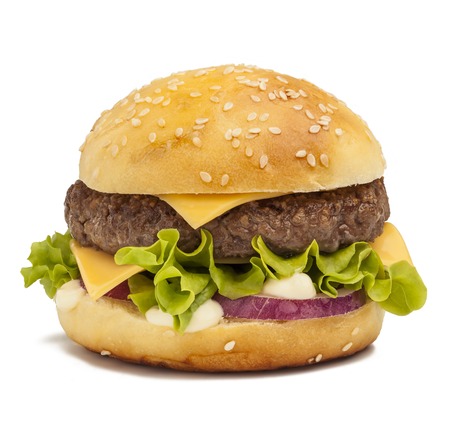Tasty burger with cheese, red onion and lettuceの写真素材