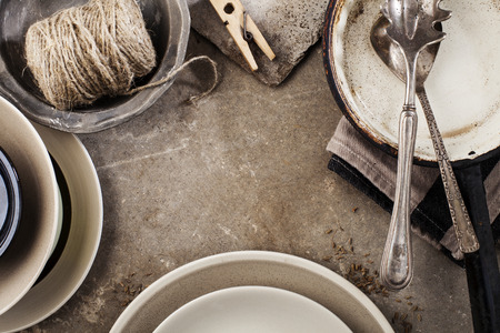 Vintage tableware, cutlery on grey stone backroundの写真素材