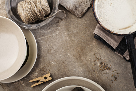 Vintage tableware, cutlery on grey stone backroundの写真素材
