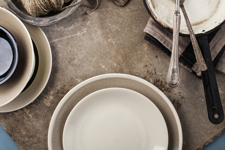 Vintage tableware, cutlery on grey stone backroundの写真素材