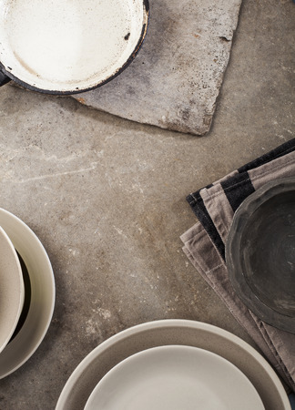 Vintage tableware, cutlery on grey stone backroundの写真素材