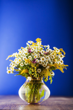 Wildflowers bouquet in glass vase on blue backgroundの写真素材