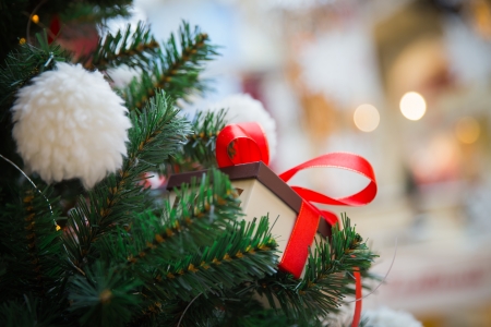 Present on a xmas tree in a box with red ribbonの写真素材