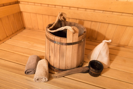 Inside view of traditional sauna with some equipmentの写真素材