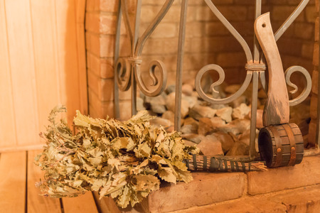 interior of a sauna with big stone ovenの写真素材