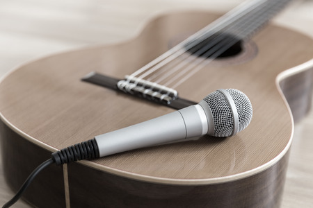 A classical guitar with six nylon stringsの写真素材