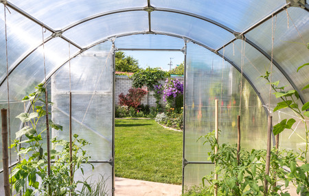 View from greenhouse on beautiful formal gardenの写真素材