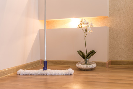 Modern white mop cleaning wooden floor in houseの写真素材