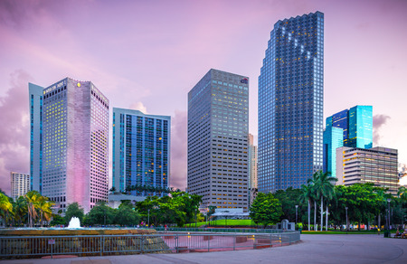 MIAMI, USA - SEPTEMBER 10, 2014 :View of downtown Miami Skyline with the city's public fountain in the foreground on September 10, 2014 in Miami.のeditorial素材