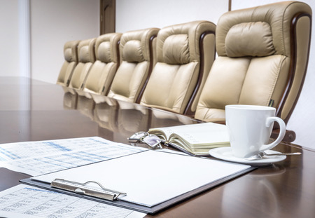 Business papers in conference room before meeting in office