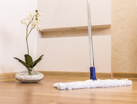 Modern white mop cleaning wooden floor in houseの写真素材