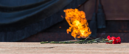 Eternal fire and flowers in memory of victims in the world war, Grave of Unknown soldier, Kremlin wall. Moscow, Russia.の写真素材