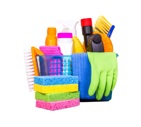 Set of cleaning equipment on a wooden floorの写真素材