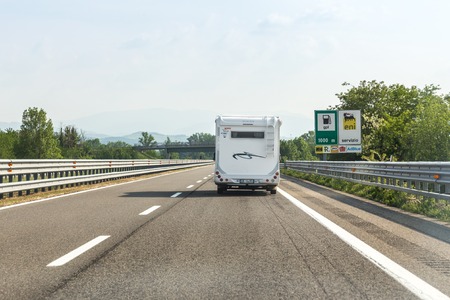 BOLOGNA, ITALY 06 MAY, 2018: Camper on the road in Italy, motorhome trailerのeditorial素材