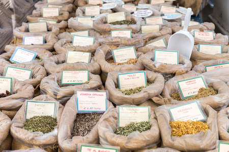 Big choice of herbs and spices on in Italyの写真素材