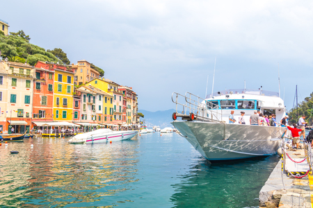 PORTOFINO , ITALY - MAY 08, 2018: The beautiful Portofino with colorful houses and villas in little bay harbor. Liguria, Italyのeditorial素材