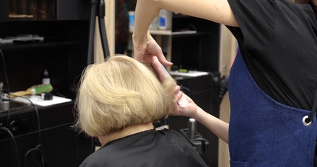 Professional hairdresser, stylist combing hair of female client and cutting hair in professional hair salonの写真素材