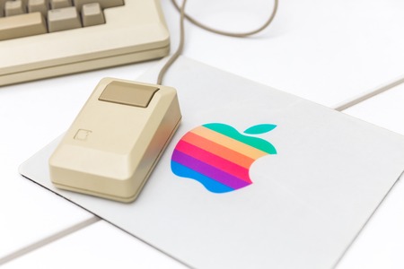 MOSCOW, RUSSIA - JUNE 11, 2018: Old original Apple Mac mouse in museum in Moscow, Russiaのeditorial素材