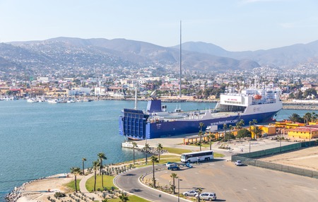 ENSENADA, MEXICO - MAY, 31, 2015: An aerial view of a cruise ship Carnival Inspiration pool area in Ensenada port in Mexicoのeditorial素材
