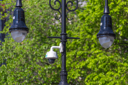 New York City, NY, USA - May 17, 2019: NYPD security surveillance camera an a street in USAのeditorial素材
