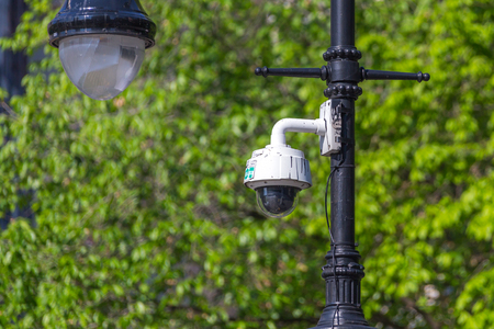 New York City, NY, USA - May 17, 2019: NYPD security surveillance camera an a street in USAのeditorial素材
